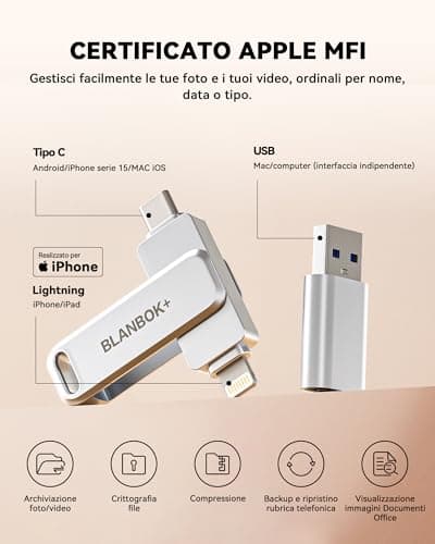 Detalle 2 de BLANBOK+ Pendrive 3 en 1 para iPhone y USB-C (256GB) con Lightning y USB 3.0