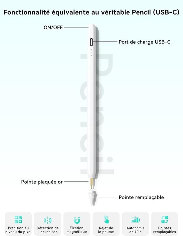 Detalle de Stylet HJCE USB‑C pour iPad compatible Apple Pencil (iPad 6 à 11, Air, Pro, Mini) — écriture précise et prêt à l’emploi