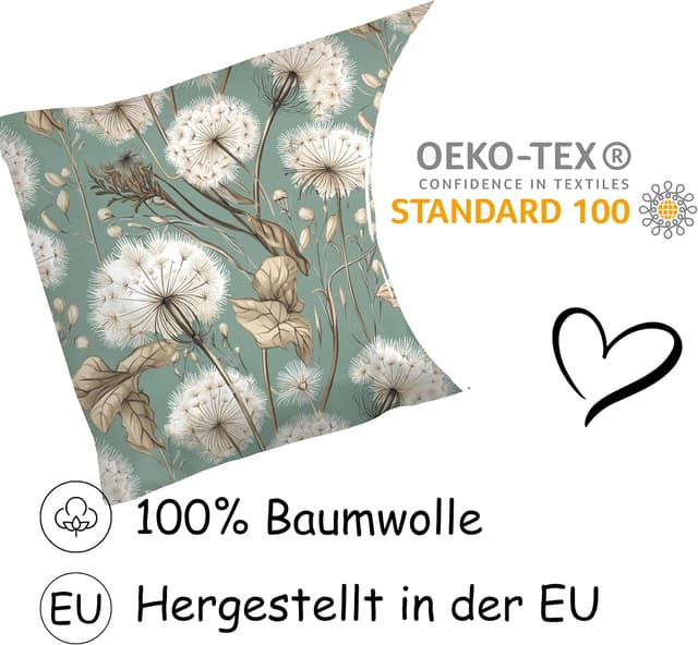 Detalle de PinkZebra Kopfkissenbezug (35 x 40 cm) aus 100% Baumwolle mit Reißverschluss – Löwenzahn Grün