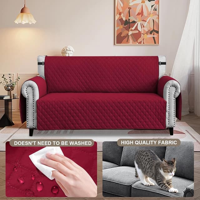 Detalle de FIGOOO Copridivano impermeabile trapuntato 3 posti con tasche laterali, Borgogna