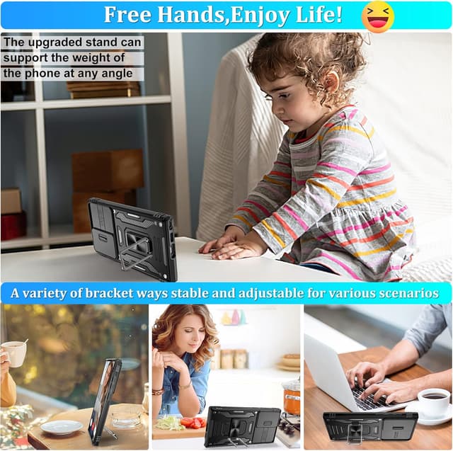 Thumbnail 6 de Jshru shockproof case for Samsung Galaxy S23 Ultra 5G with sliding camera cover and ring kickstand (Black)