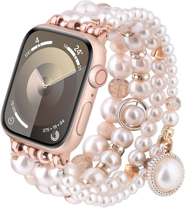 Detalle de VMORO Pearl Bracelet replacement strap for Apple Watch (44mm/46mm/45mm/42mm), light pink