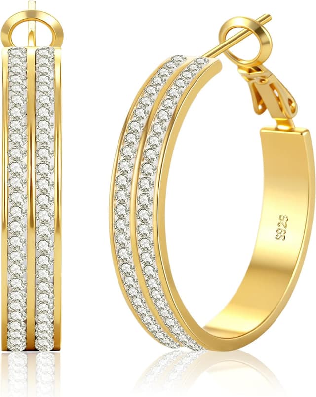 Detalle de LOUMILEO 5mm Creolen Silber 925 mit doppelter Zirkonia-Optik (Doppelreihig) für Damen