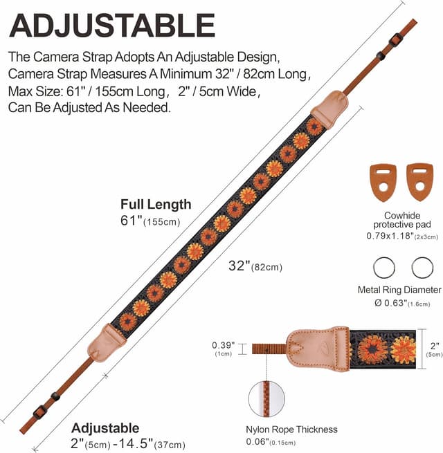 Detalle 2 de Padwa Lifestyle Hollow Crochet Orange Daisy camera strap (2" wide) – cowhide ends & cotton embroidered strap