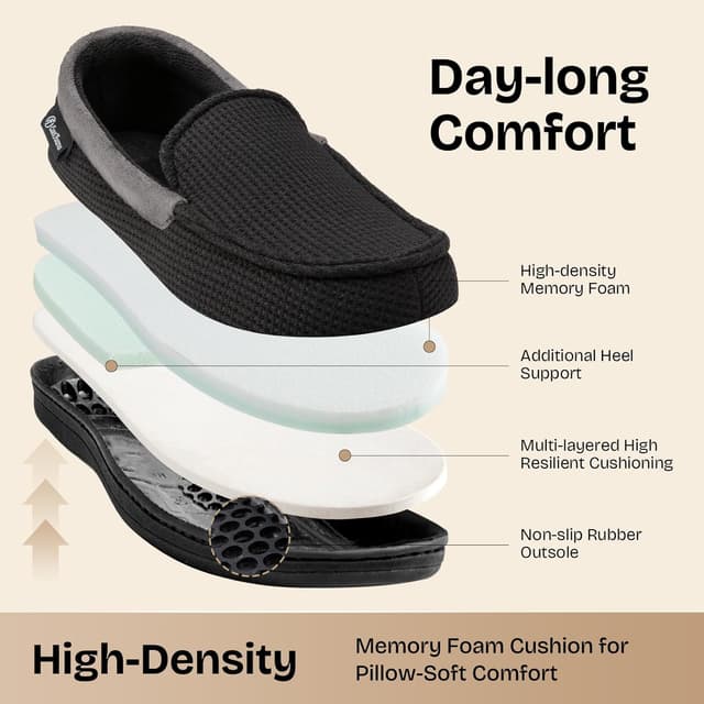 Detalle 2 de EverFoams Men’s Comfort Memory Foam Moccasin Slippers with Breathable Terry Cloth & Anti-Skid Sole