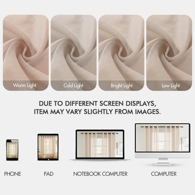 Detalle 1 de EMEMA 2er-Set Sheer-Voile-Gardinen mit Ösen, 140 x 225 cm (B x H) – transparent für Wohnzimmer & Schlafzimmer, Beige