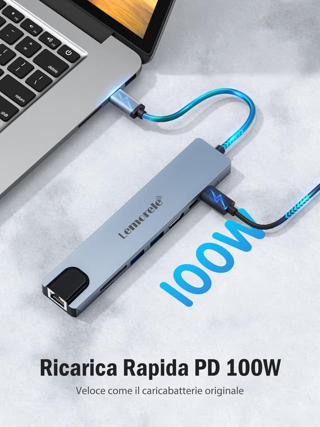 Detalle 2 de Lemorele Hub USB-C Gigabit Ethernet 8 in 1 con HDMI 4K e PD 100W (dock per Windows, Mac, Android, iOS, Linux)