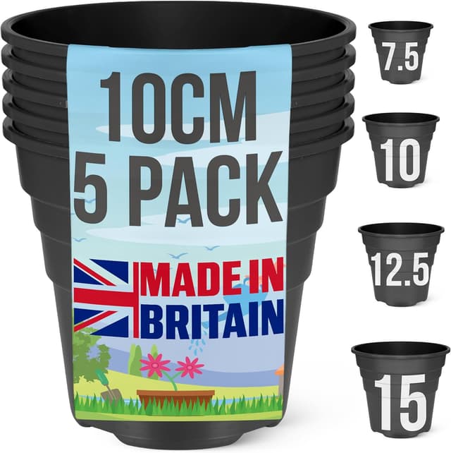 Detalle de Happy Pots pot de fleurs en plastique 10 cm – lot de 5 – avec trous de drainage (noir, fabriqué au Royaume-Uni)