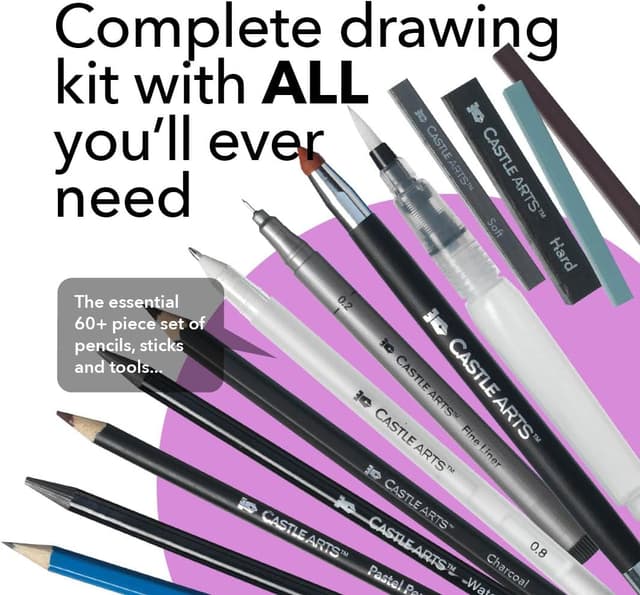 Detalle de Castle Art Supplies set da 60 pezzi per disegno e schizzi con grafite, matite solubili in acqua e fineliner