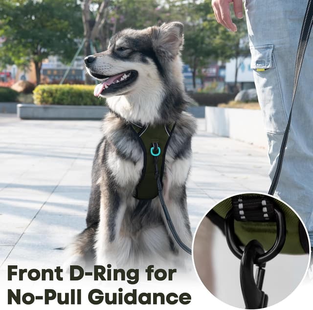 Detalle de PoyPet No Pull Dog Harness with Reflective Vest, 2 Leash Attachments and Control Handle (Army Green, L)