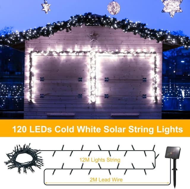 Detalle 2 de FFZZKJ Solar String Lights Outdoor Garden, 120 LED (12m) – Cold White, Waterproof, 8 Lighting Modes