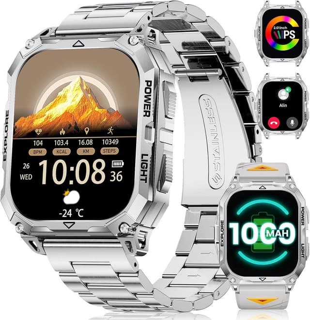 Detalle de Montre connectée homme militaire 2,01" HD avec Bluetooth, fréquence cardiaque et IP68 (argent)