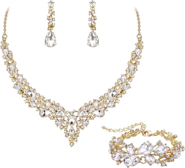 Detalle de EVER FAITH Statement Halskette, Ohrringe & Armband Set mit österreichischen Kristall-Tropfen – Klar/Silber-Ton