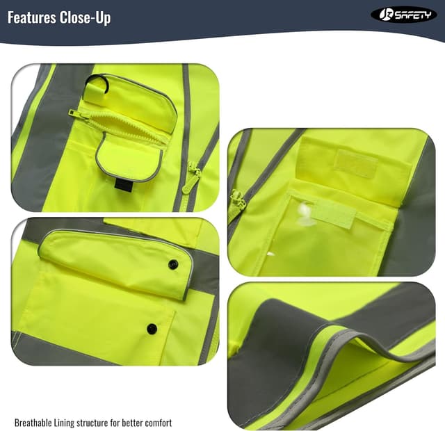 Detalle 2 de JKSafety 9-Pocket Class 2 High-Visibility Zipper Safety Vest (ANSI/ISEA 107 Class 2 Type R) — Large, 150-Yellow