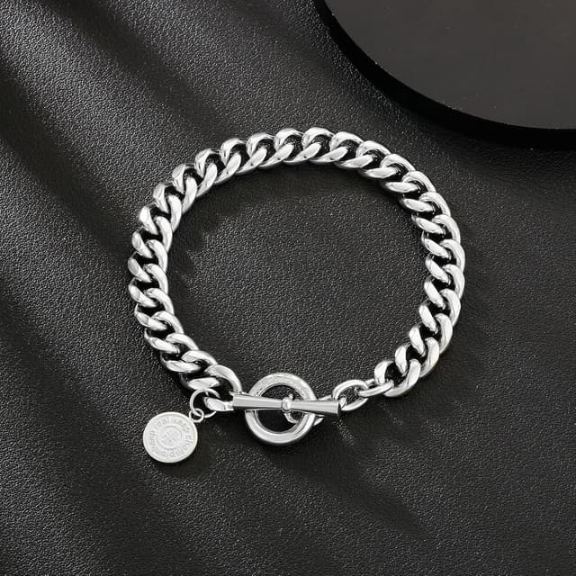 Detalle de KRKC&CO Herren Panzerkette Armband mit T-Stab Verschluss (8 mm) – 14K Gold/Weißgold beschichtet, Edelstahl