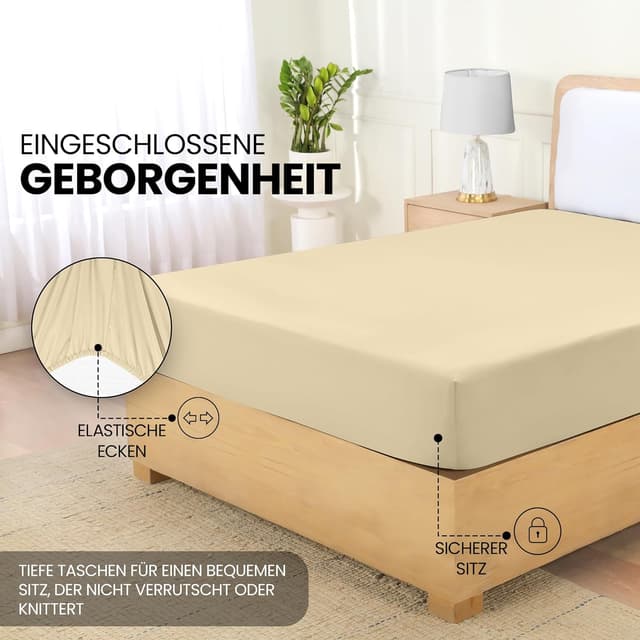 Detalle 2 de Spannbettlaken 180x200 cm in Beige – Utopia Bedding, 35 cm Taschen, gebürstete Polyester-Mikrofaser (OEKO-TEX)