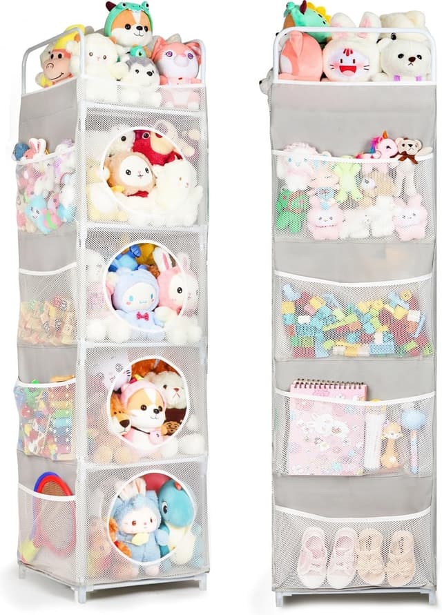 Detalle de AXHOP 5-Tier Teddy & Toy Storage Unit (42 x 42 x 162cm) with 8 Side Mesh Pockets – Grey