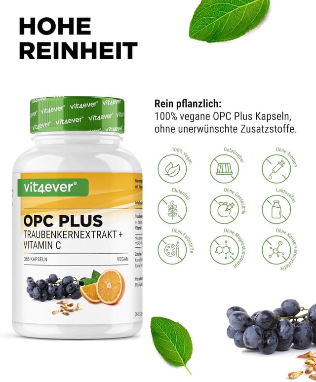 Detalle de vit4ever OPC Traubenkernextrakt + natürliches Vitamin C – 365 Kapseln für 12 Monate (OPC nach HPLC, vegan)