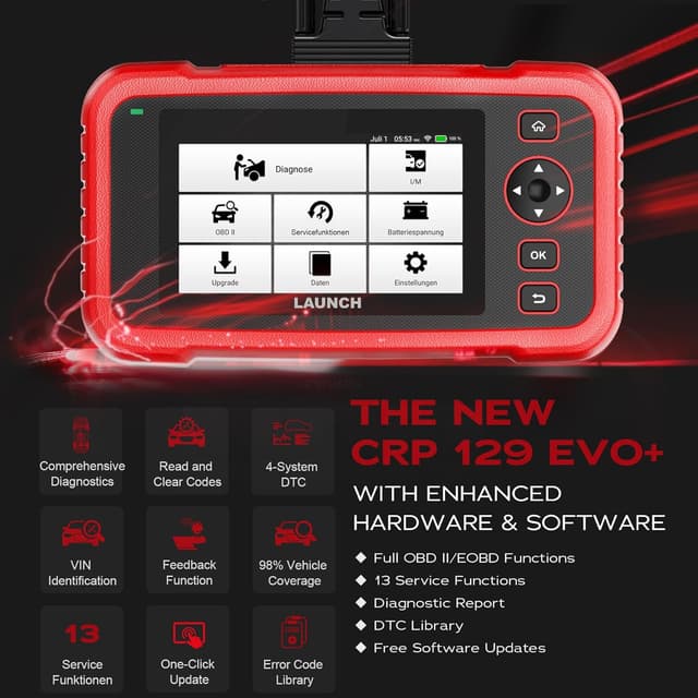 Detalle 2 de LAUNCH CRP 129 Evo+ OBD2 : valise auto diagnostic Wi‑Fi multimarque 4 systèmes