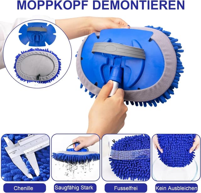 Detalle de anngrowy Autowaschbürste mit Teleskopstiel (160 cm) und 4-fach ausziehbarem Griff – 180° drehbarer Mopkopf