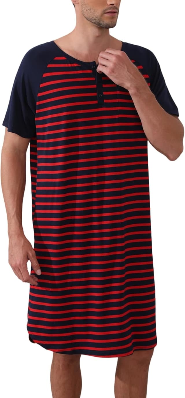 Detalle 2 de Enjoyoself Herren Nachthemd kurzarm aus Baumwolle mit Henley-Kragen