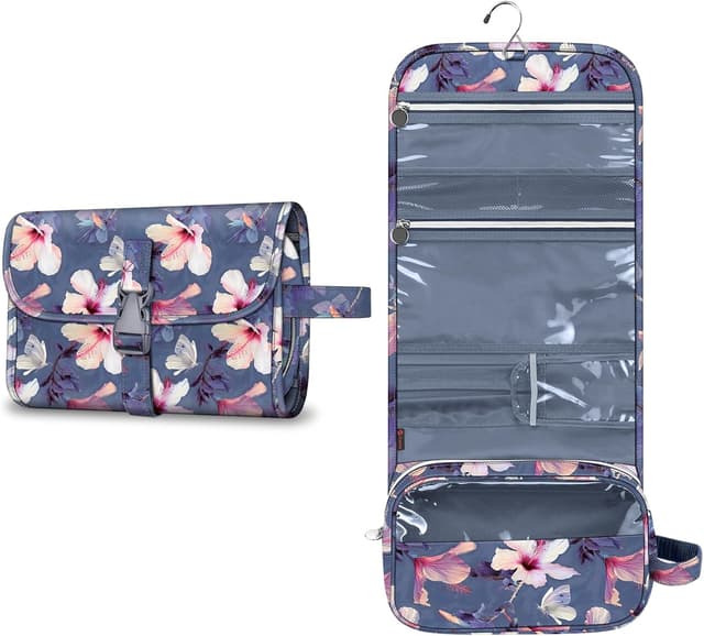 Detalle de Portable Toiletry Travel Wash Bag by FINPAC (Large) – Water-Resistant Hanging Cosmetic Organiser, Blooming Hibiscus