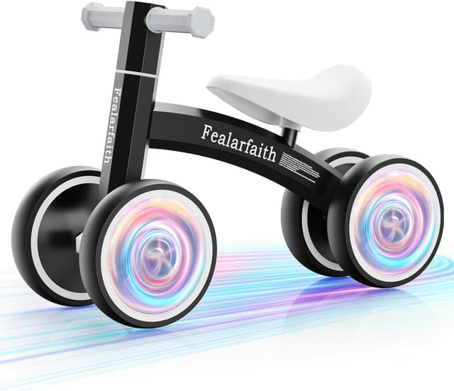 Detalle de Baby Balance Bike for 1 Year Olds (10-36 Months) with 4 LED Lighting Wheels, Enclosed Wheels & Steering Limit (Black)