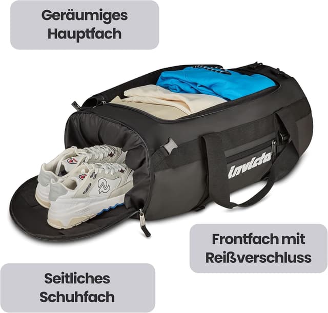 Detalle de Invicta Reisetasche „Commuter L“ Sportsack mit Schuhfach, 70 L, schwarz