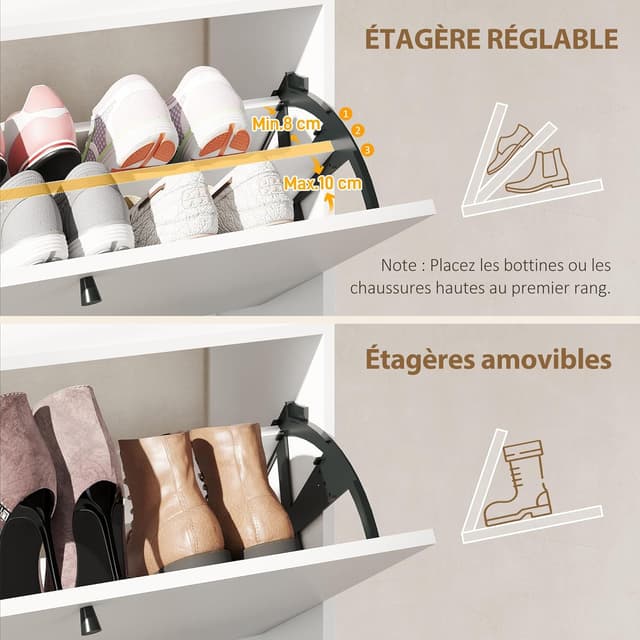 Detalle 2 de HOMCOM Meuble à chaussures 16 paires étroit avec 2 tiroirs rabattables et surface supérieure (80 x 24 x 101 cm) blanc