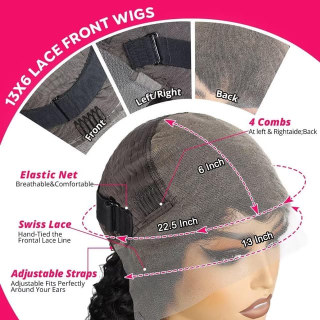 Detalle de 32 Inch 13x6 HD Lace Front Human Hair Wig (Glueless) – Brazilian Curly Deep Wave, 210% Density