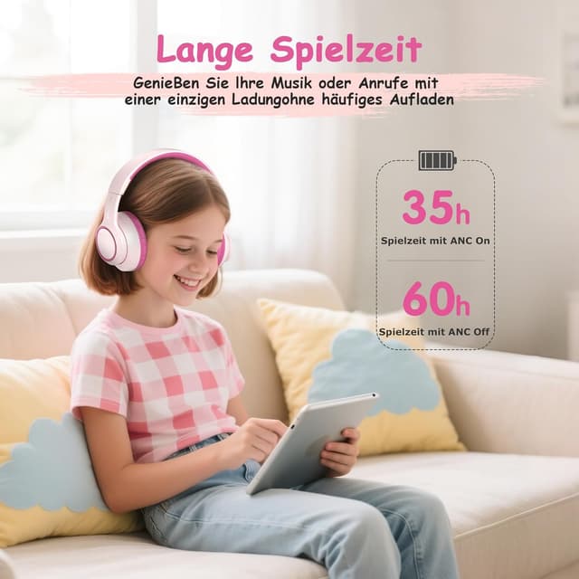 Thumbnail 6 de TONOSHARK Bluetooth Kinderkopfhörer Over-Ear (Noise Cancelling), Rosa – kabellos mit Mikrofon & 60h Spielzeit inkl. Tragetasche