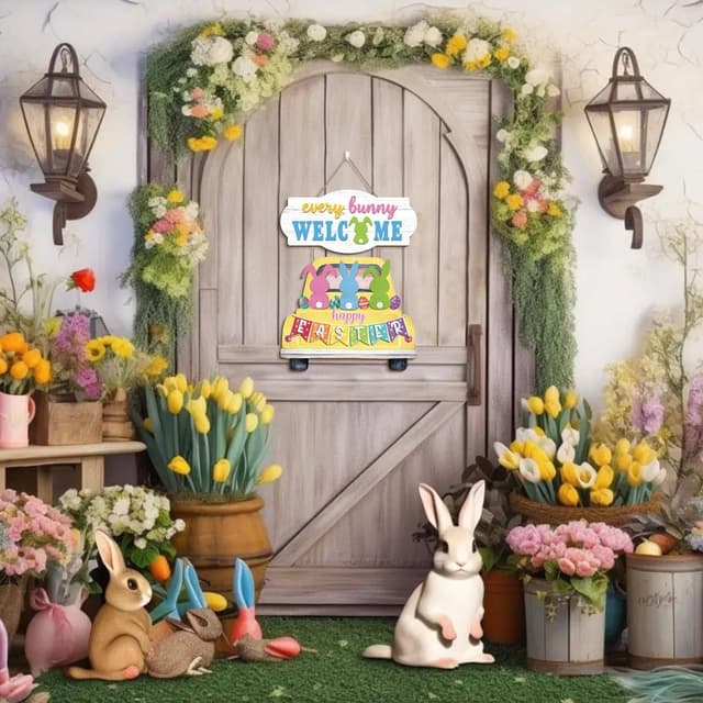 Detalle de HPNIUB Happy Easter Rabbit Welcome hanging front door sign (wood plaque with rope)