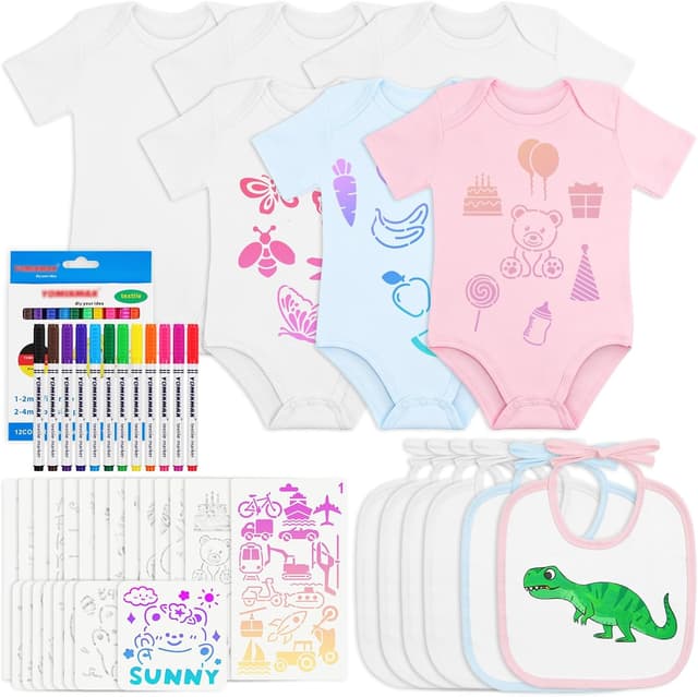 Detalle de Aolso baby painting bibs set (6 bibs, 6 bodysuits) with textile pens and stencils for 6–9 months