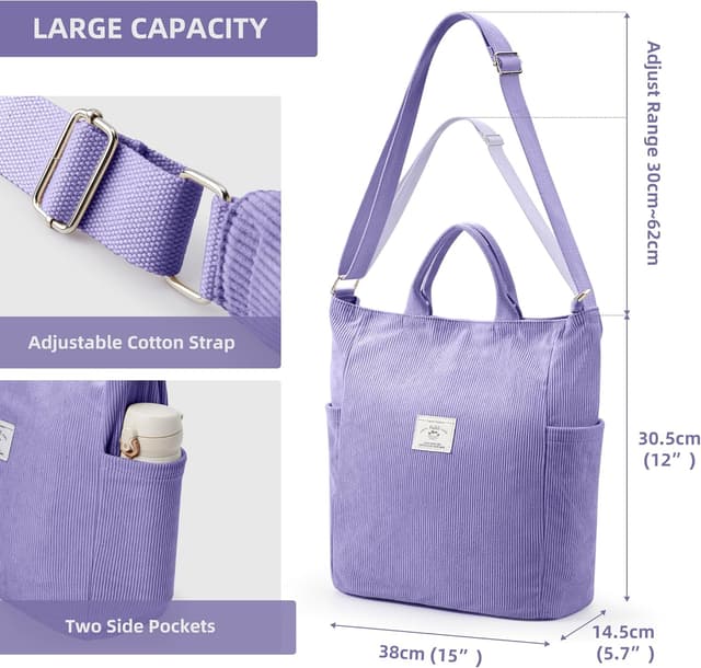 Detalle de KALIDI Corduroy Hobo Bag large capacity tote with zip & crossbody strap