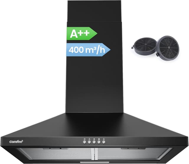 Detalle de COMFEE' CH60A17EM400B Dunstabzugshaube 60 cm (Umluft & Abluft) mit 400 m³/h, Aktivkohlefilter, schwarz