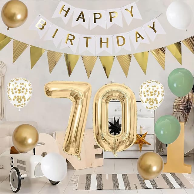 Detalle de Luftballon zum 70. Geburtstag – XXL Folienballon Zahl 70 in Salbeigrün (81 cm) mit Deko-Set