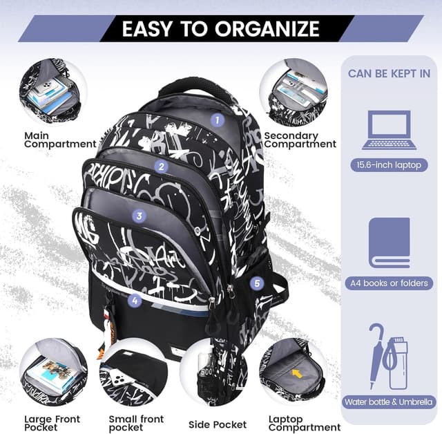 Detalle 2 de Amythe Schulrucksack für Teenager (33 × 20 × 48 cm) – wasserdichter Casual Daypack in Schwarz