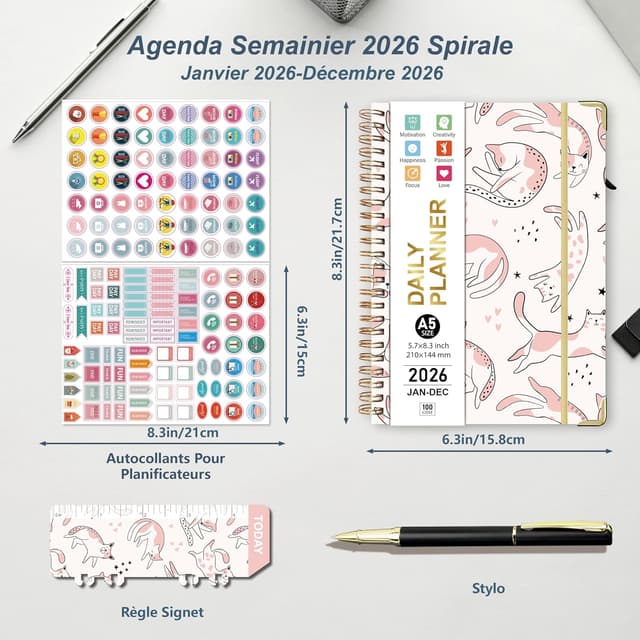 Detalle de NEYSA Agenda 2026 semainier spiralé A5 (janvier à décembre) avec autocollants, stylo et onglets mensuels