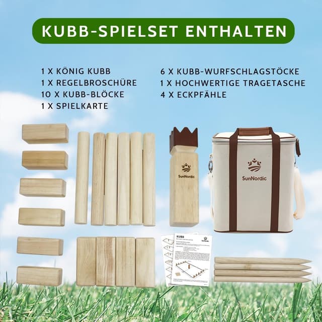 Detalle de SunNordic Kubb Wikinger Wurfspiel aus Gummibaumholz – Schwedisches Schachspiel für Garten & Outdoor