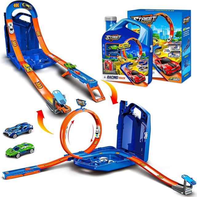 Detalle de Race Track Toy Car Set with 2 Race Cars and 2-in-1 Transformable Tracks (Blue) with Storage Box