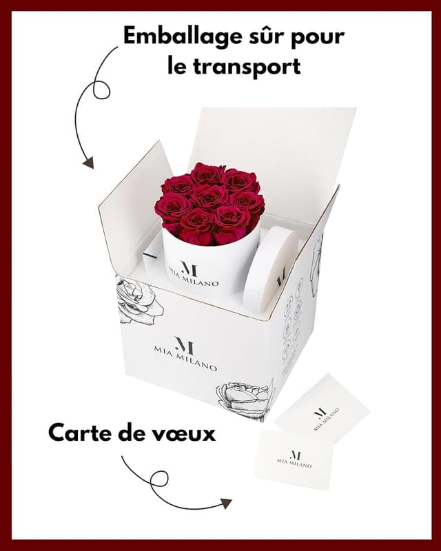 Detalle de Infinity Roses Bordeaux – 9 roses préservées en flowerbox blanche durable, conservation 3 ans