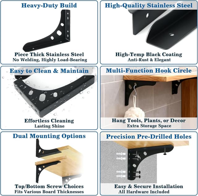 Detalle 2 de Mooche Black 90 Degree L Shelf Support Brackets (6Inch) for Floating Shelves
