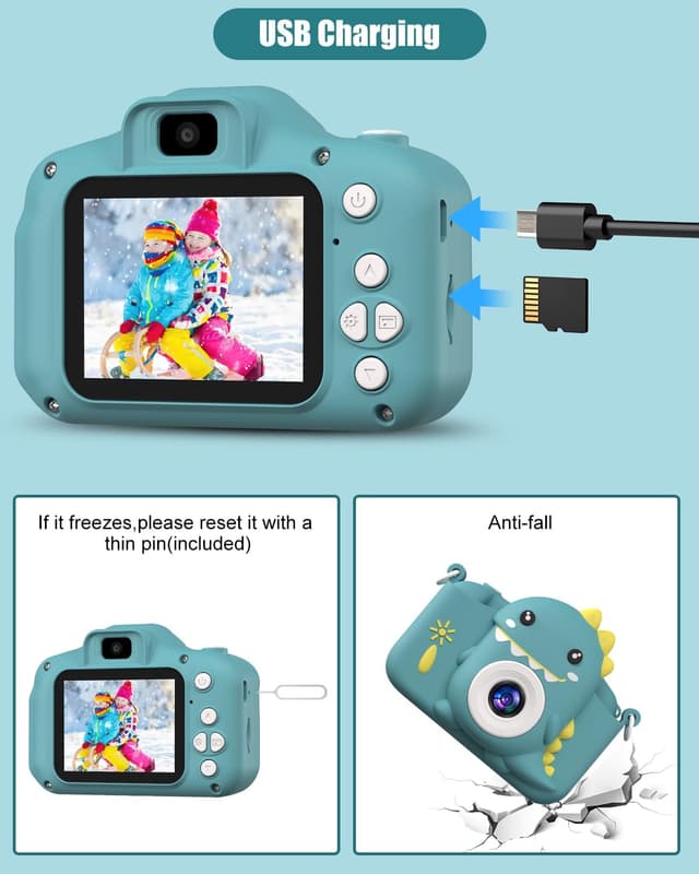 Detalle de Hangrui Kids Camera (Dark Green) – 20MP dual-lens digital camcorder with 2-inch IPS screen, 32GB card