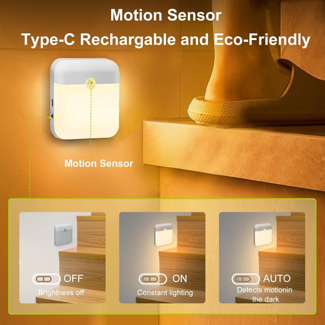 Detalle de QIHANS Nachtlicht mit Bewegungsmelder (2 Stück), aufladbar per USB‑C, warmweiß 3000K