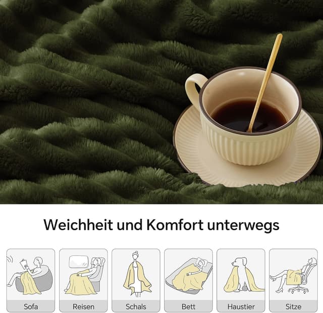 Detalle de BEDELITE Kuscheldecke flauschig in Olivgrün (125x150) – weiche Flanell-Decke als Sofaüberwurf