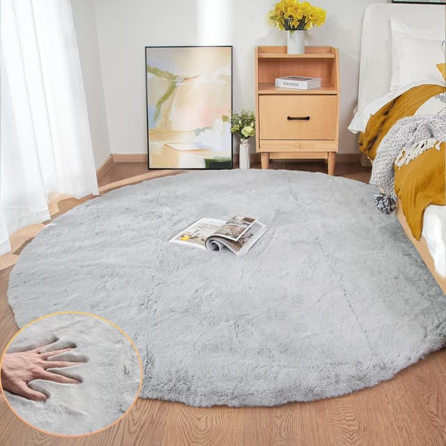 Detalle 2 de ORINOVA Washable Furry 5ft Round Faux Rabbit Fur Area Rug (Light Grey)