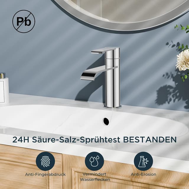 Detalle de FORIOUS Bad-Wasserhahn mit Ablaufgarnitur & Einhebelmischer (schwarz) – Waschtischarmatur für wassersparenden Wasserfallfluss