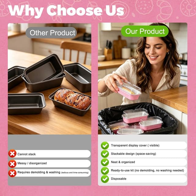 Detalle 2 de NPLUX 50-Pack Mini Cake Pans with Lids and Spoons (Rectangular Aluminum Foil Bread Pans) – Pink, 6.8 oz