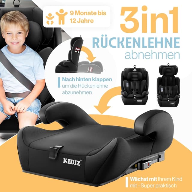 Detalle de KIDIZ® Autokindersitz mit ISOFIX i-Size R129, 100–150 cm (bis 12 Jahre), 5-Punkt-Gurt & höhenverstellbarer Kopfstütze – Schwarz