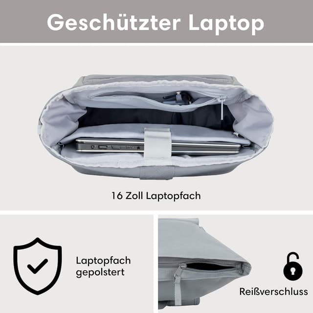 Detalle de Larkson Rolltop-Rucksack No 4 (Damen & Herren) mit Laptopfach bis 16 Zoll – wasserabweisend, für Uni, Arbeit & Fahrrad